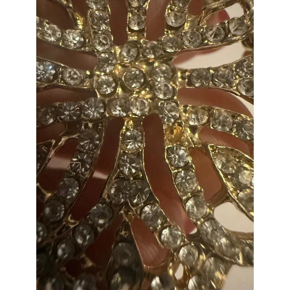 Gold Tone Rhinestone Flower Brooch Filigree Openwork Floral Pin Clear Stones
